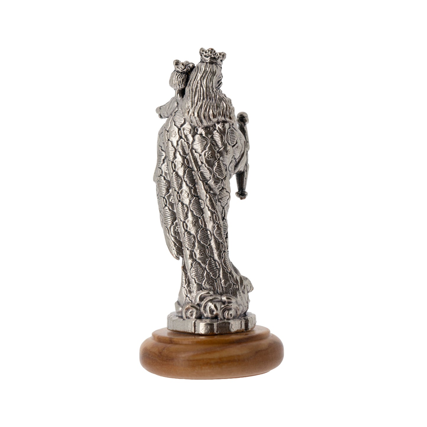 Statua Madonna Ausiliatrice in metallo argentato e base in legno d'ulivo. Altezza 6,5 cm
