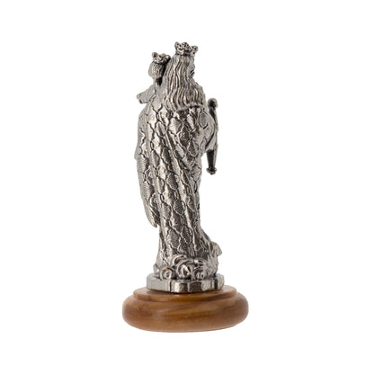 Statua Madonna Ausiliatrice in metallo argentato e base in legno d'ulivo. Altezza 6,5 cm
