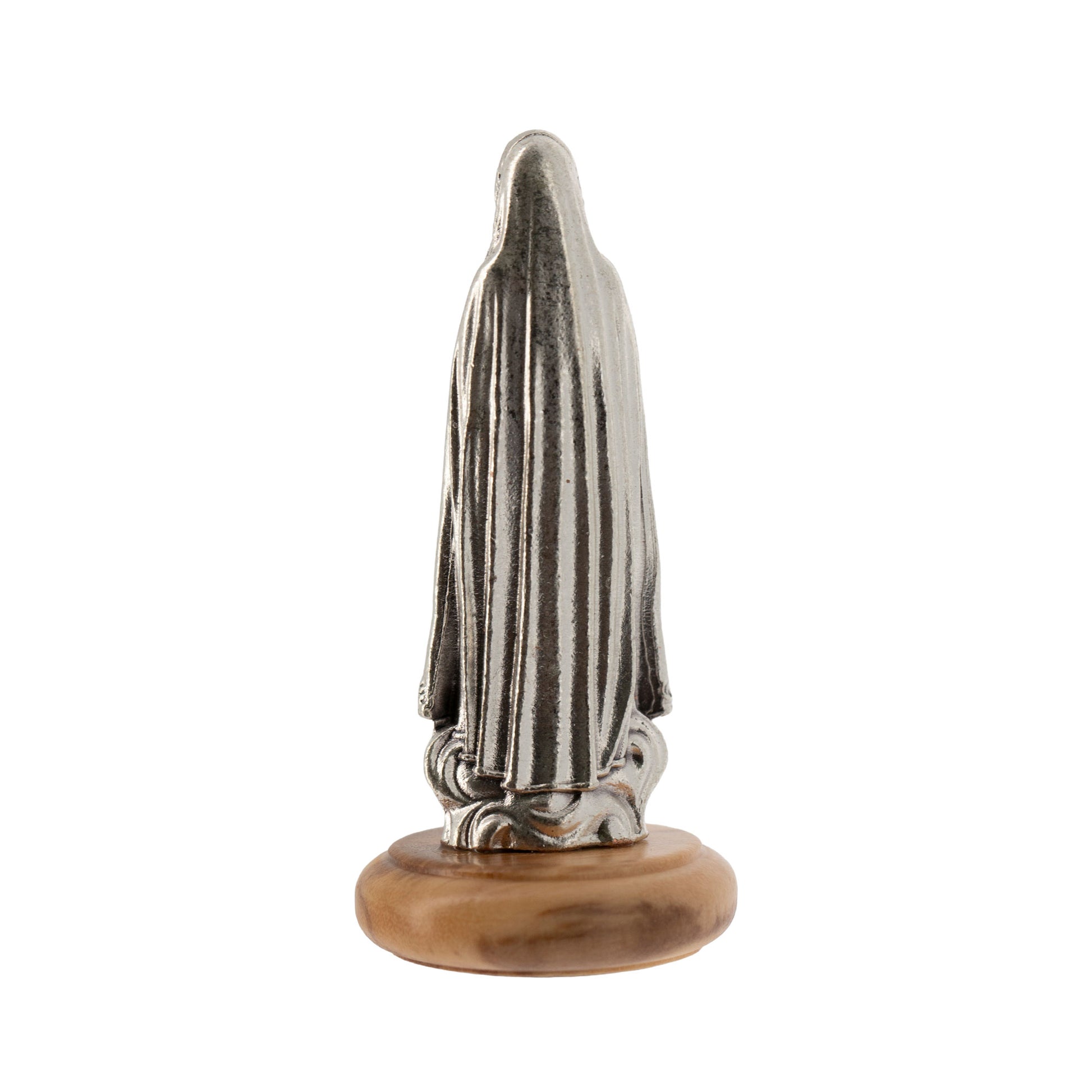 Statua Madonna di Fatima in metallo argentato e base in legno d'ulivo. Altezza 6,5 cm
