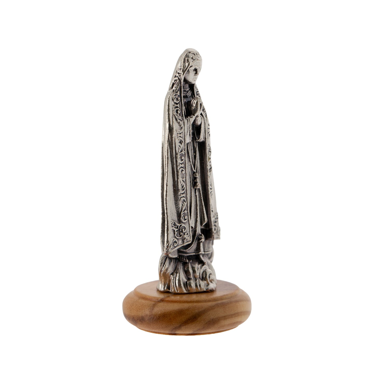 Statua Madonna di Fatima in metallo argentato e base in legno d'ulivo. Altezza 6,5 cm
