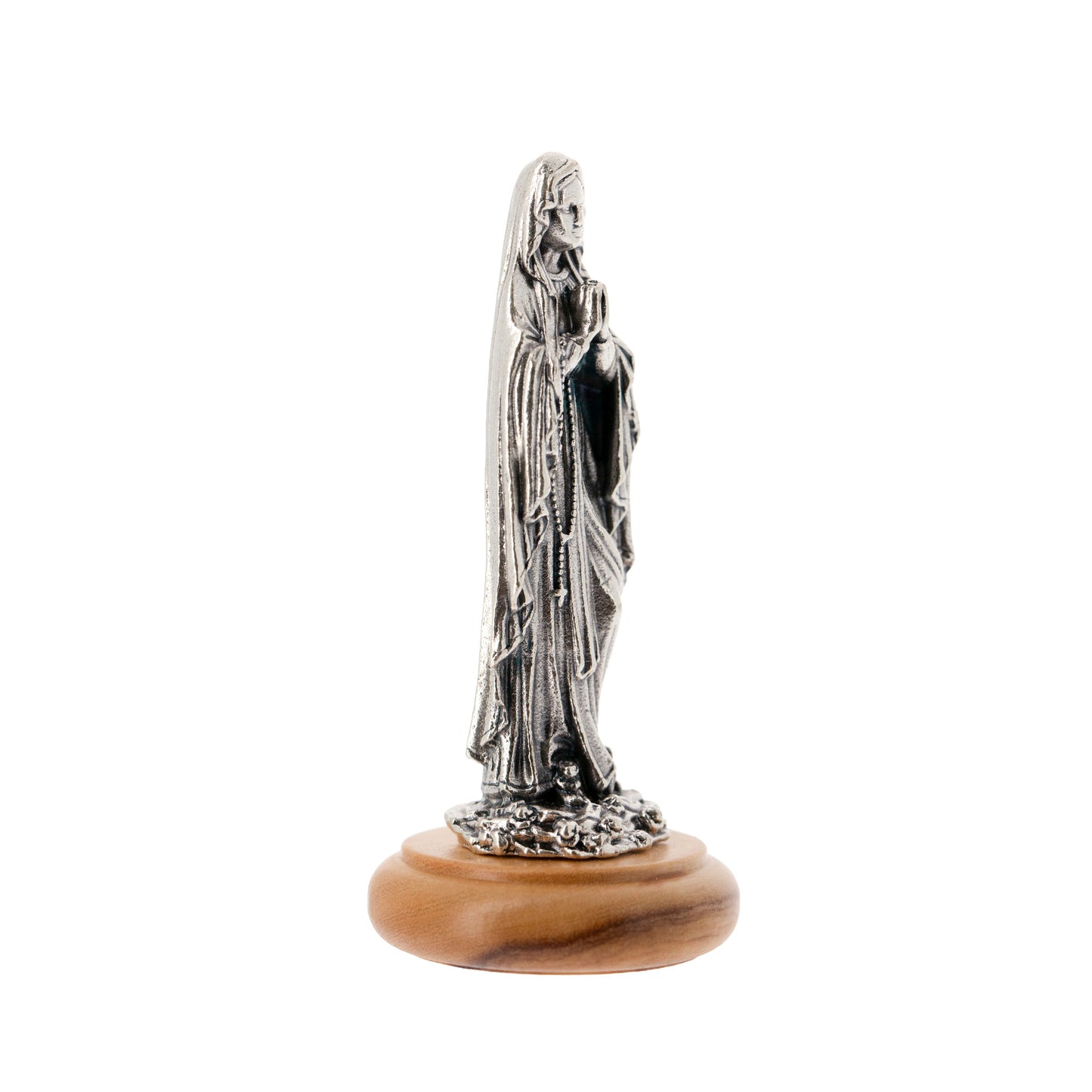 Statua Madonna di Lourdes in metallo argentato e base in legno d'ulivo. Altezza 6,5 cm
