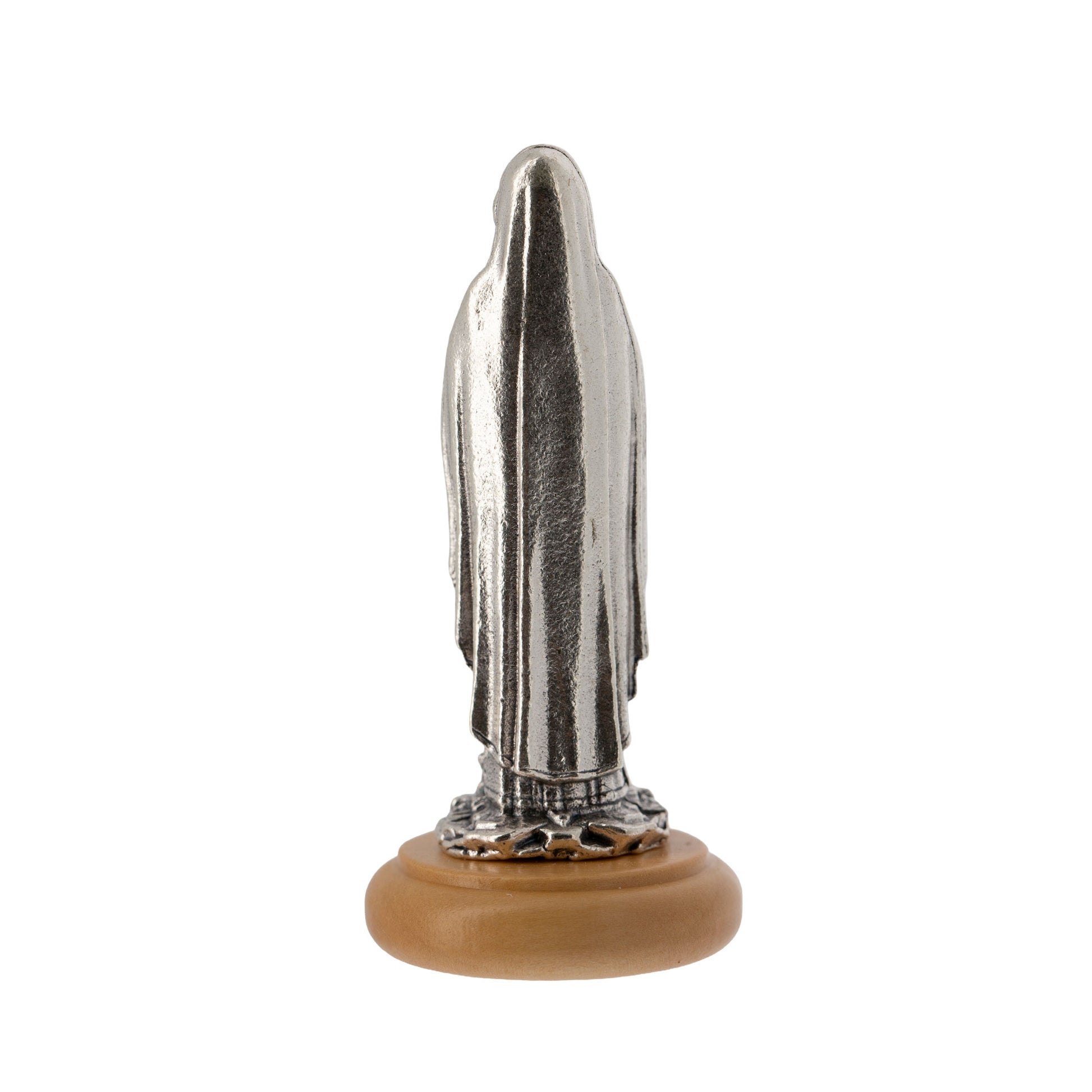Statua Madonna di Lourdes in metallo argentato e base in legno d'ulivo. Altezza 6,5 cm
