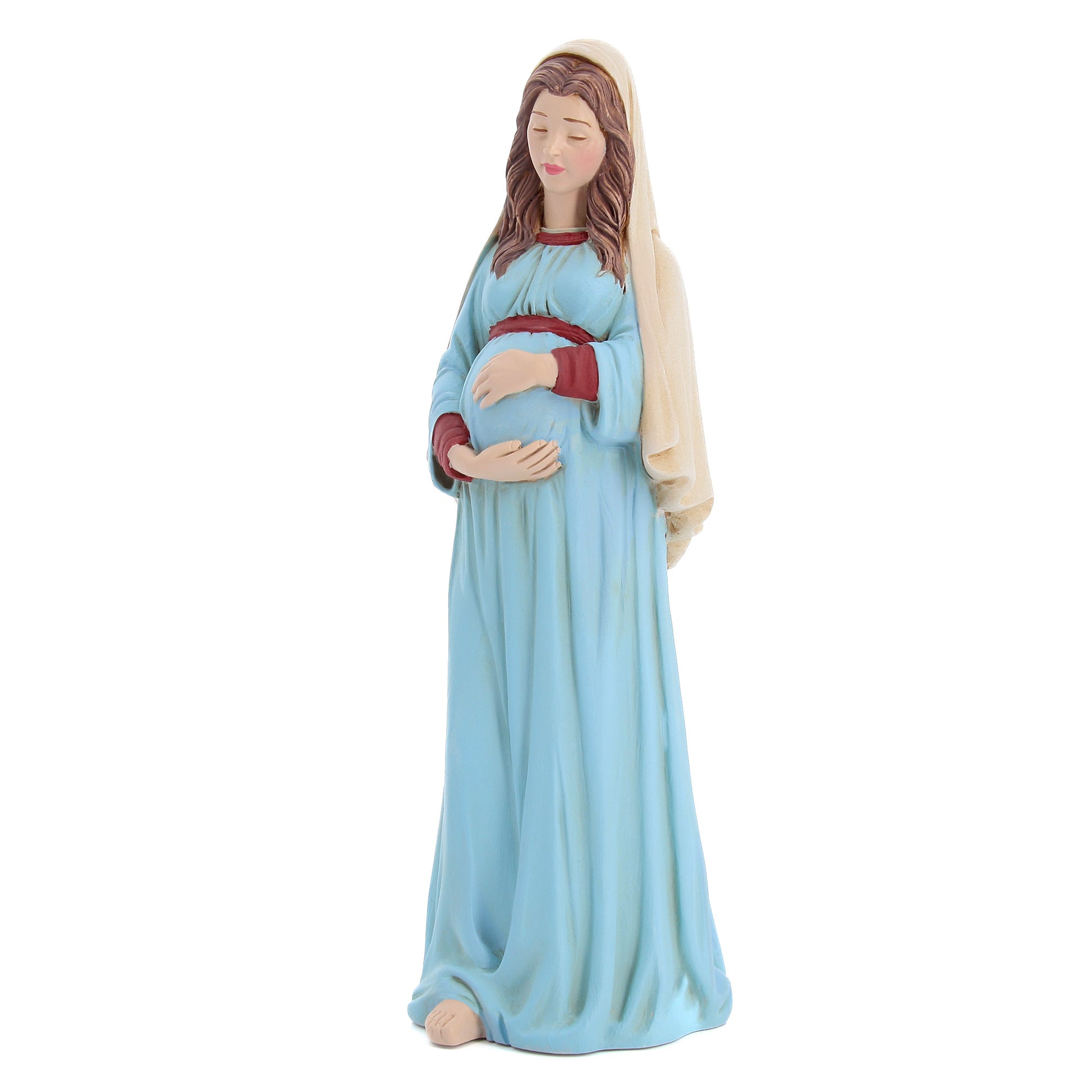 Statua Madonna gestante, in polvere di marmo colorata. Altezza 23 cm