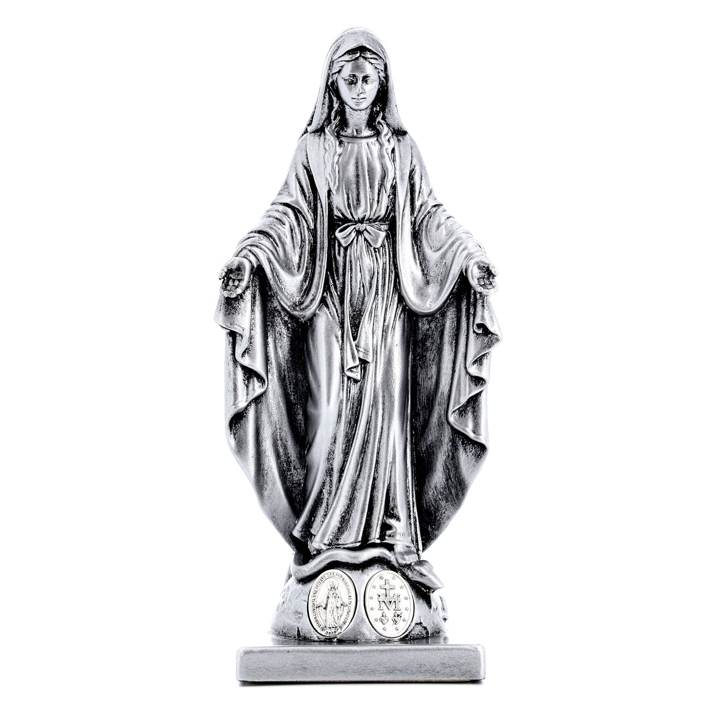 Statua Madonna Immacolata in resina argentata con medaglia. Altezza 20 cm