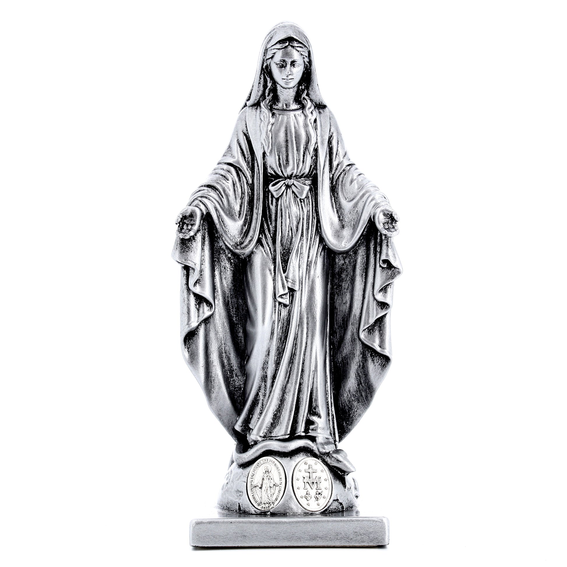 Statua Madonna Miracolosa in resina argentata con medaglia. Altezza 15 cm
