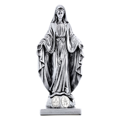 Statua Madonna Miracolosa in resina argentata con medaglia. Altezza 15 cm