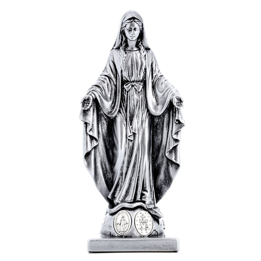 Statua Madonna Miracolosa in resina argentata con medaglia. Altezza 15 cm