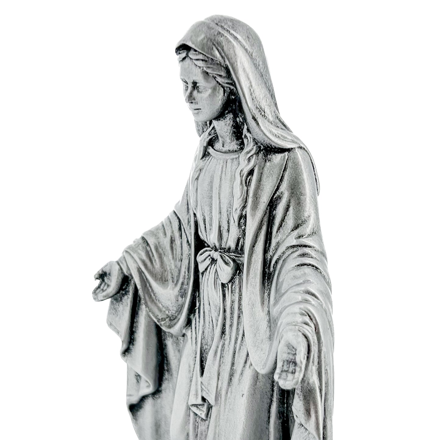 Statua Madonna Immacolata in resina argentata con medaglia. Altezza 20 cm