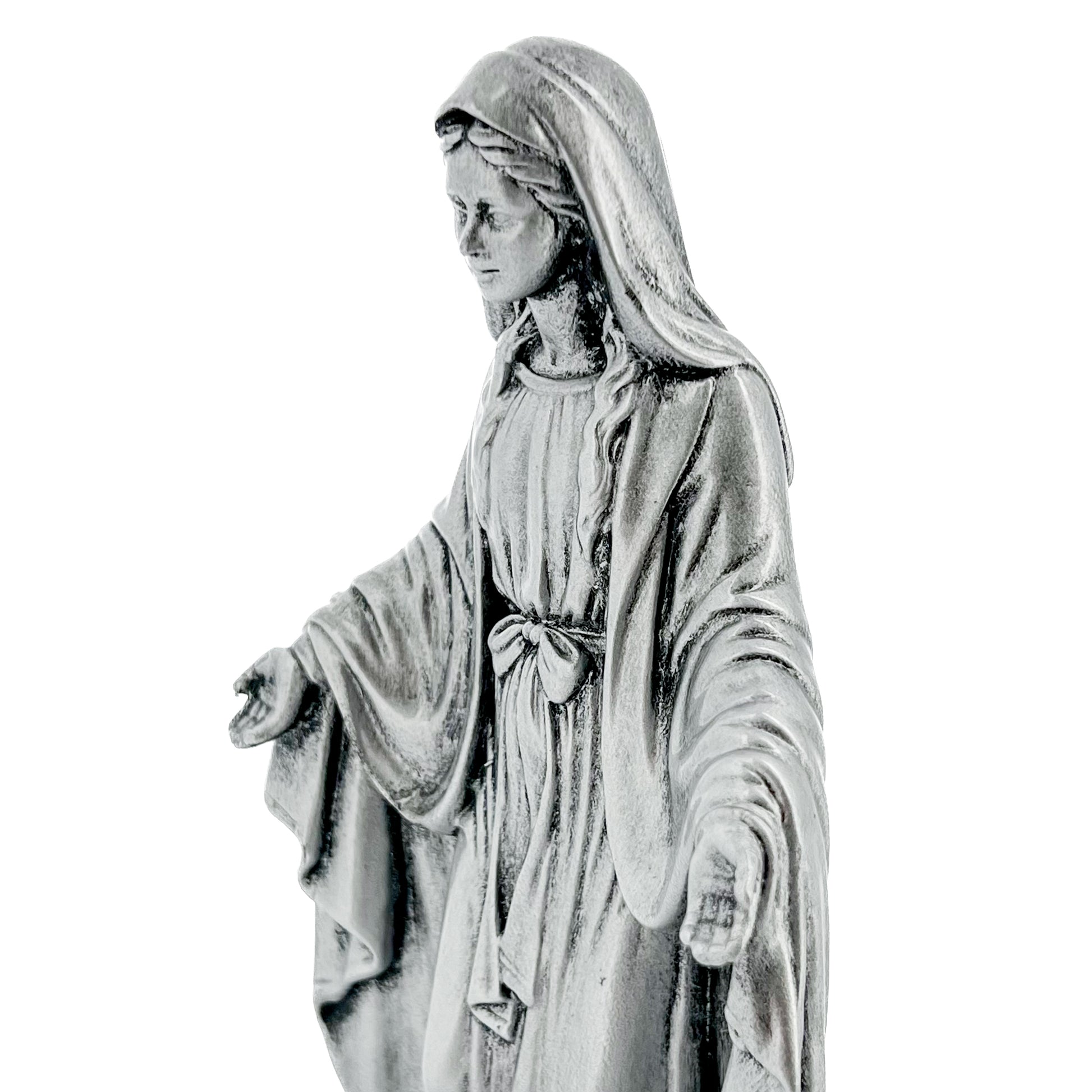 Statua Madonna Miracolosa in resina argentata con medaglia. Altezza 15 cm