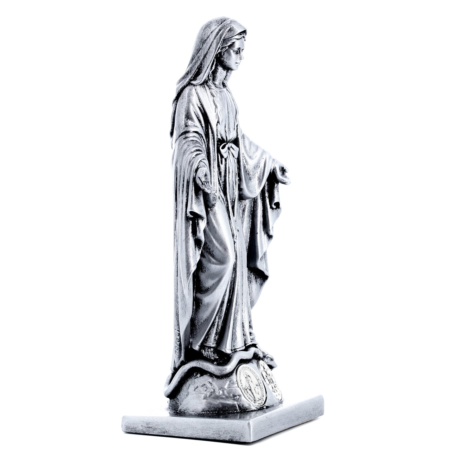 Statua Madonna Miracolosa in resina argentata con medaglia. Altezza 15 cm