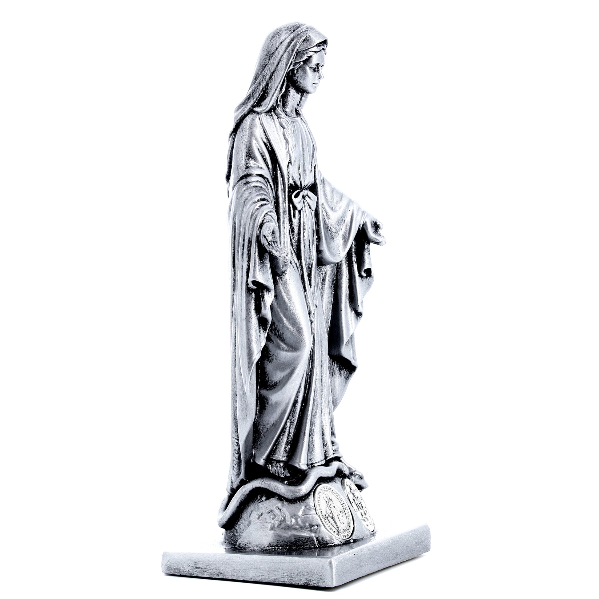 Statua Madonna Miracolosa in resina argentata con medaglia. Altezza 15 cm