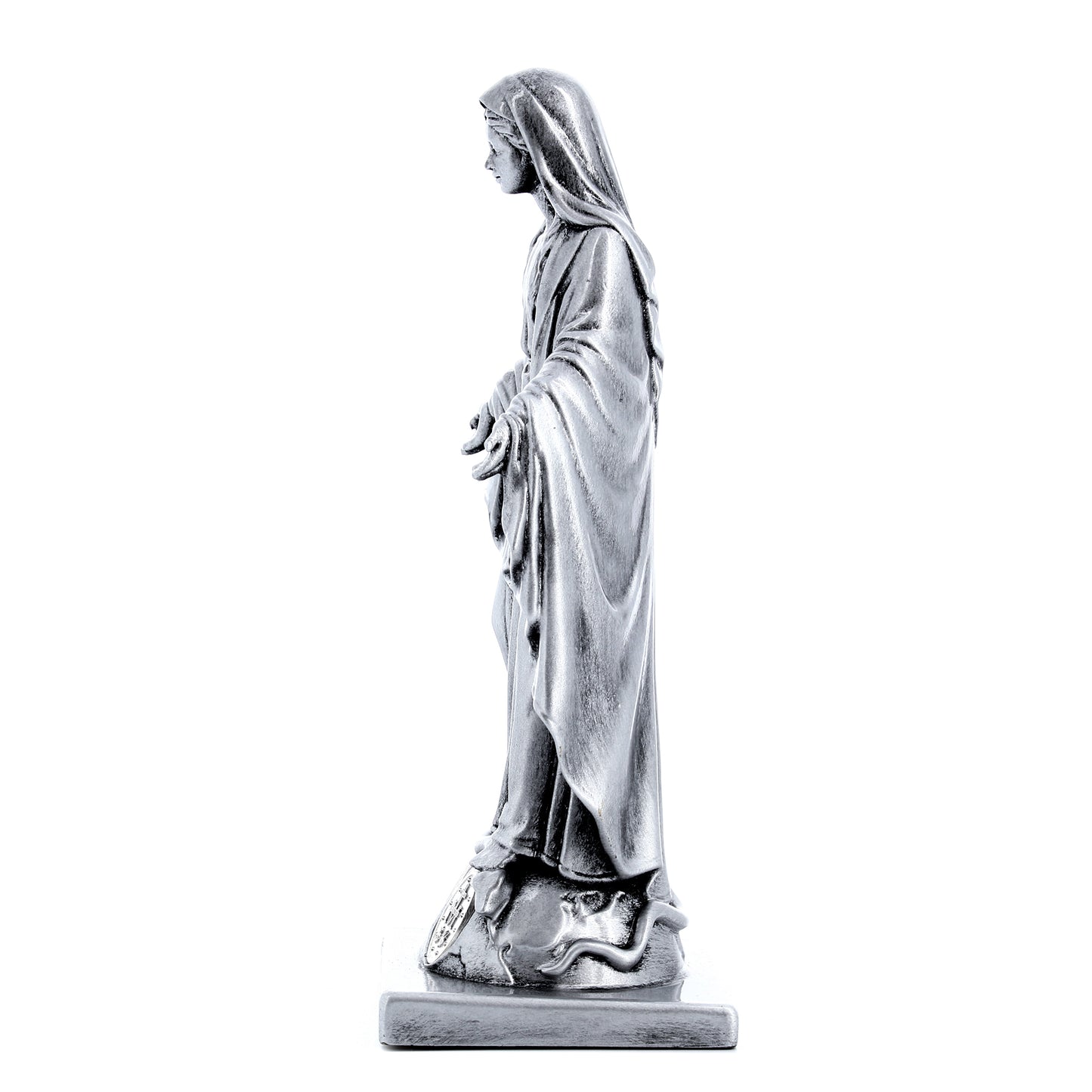 Statua Madonna Miracolosa in resina argentata con medaglia. Altezza 15 cm