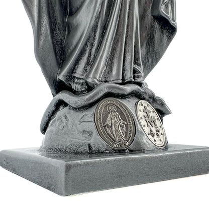 Statua Madonna Miracolosa in resina argentata con medaglia. Altezza 15 cm