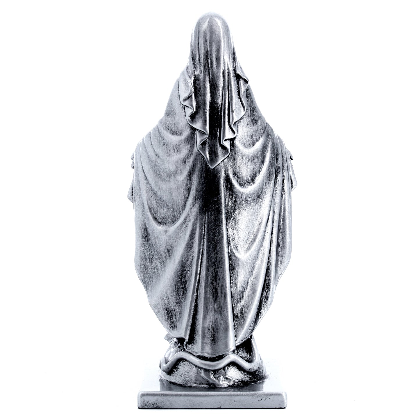 Statua Madonna Immacolata in resina argentata con medaglia. Altezza 20 cm