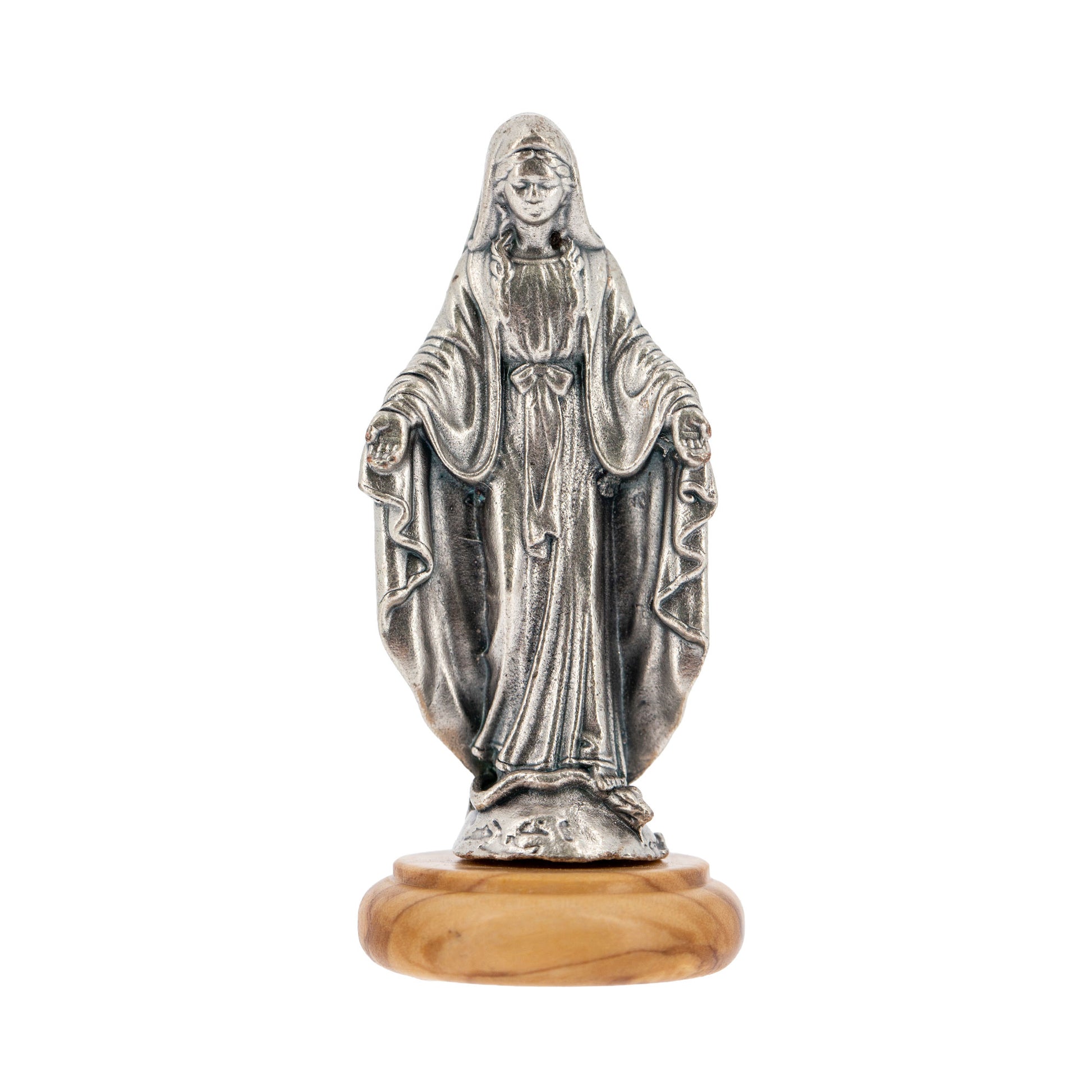 Statua Madonna Miracolosa in metallo argentato e base in legno d'ulivo. Altezza 6,5 cm
