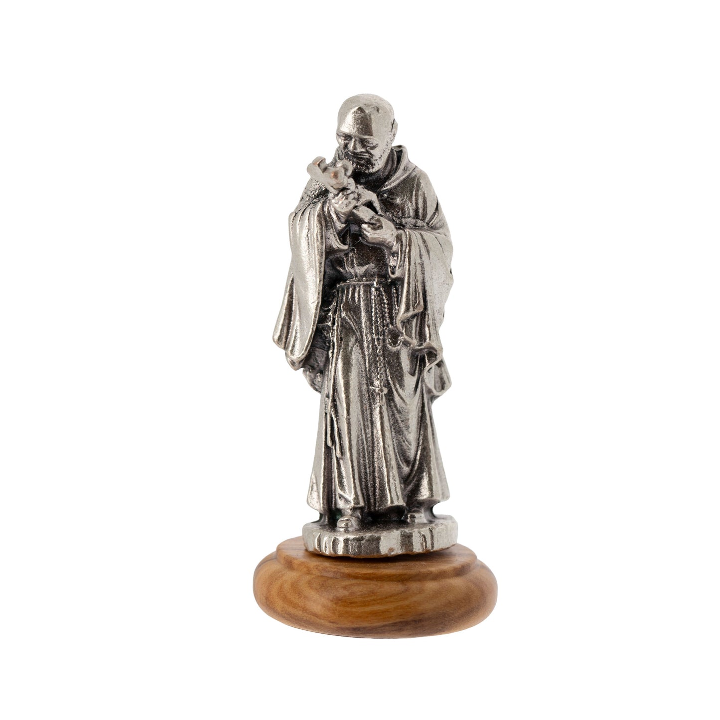 Statua San Pio in metallo argentato e base in legno d'ulivo. Altezza 6,5 cm
