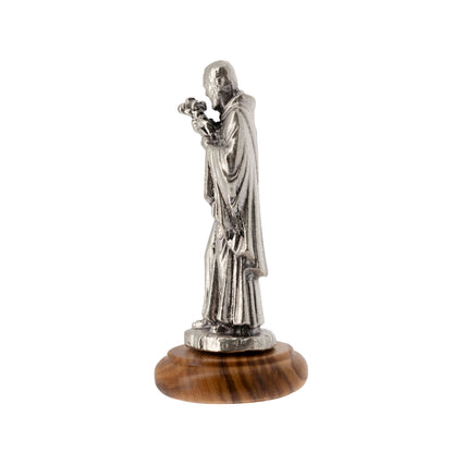 Statua San Pio in metallo argentato e base in legno d'ulivo. Altezza 6,5 cm
