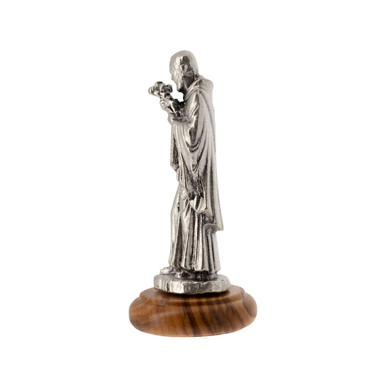 Statua San Pio in metallo argentato e base in legno d'ulivo. Altezza 6,5 cm
