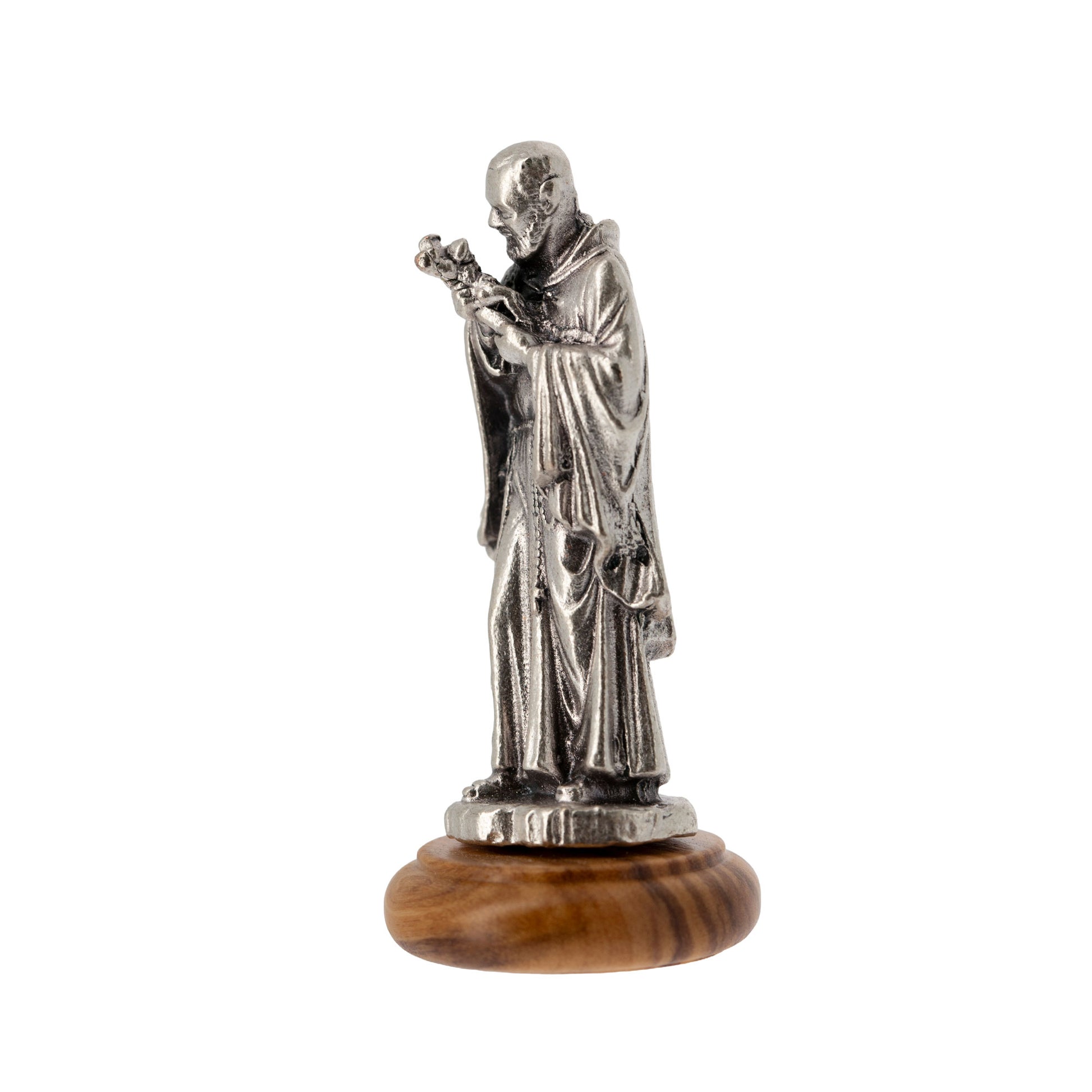 Statua San Pio in metallo argentato e base in legno d'ulivo. Altezza 6,5 cm

