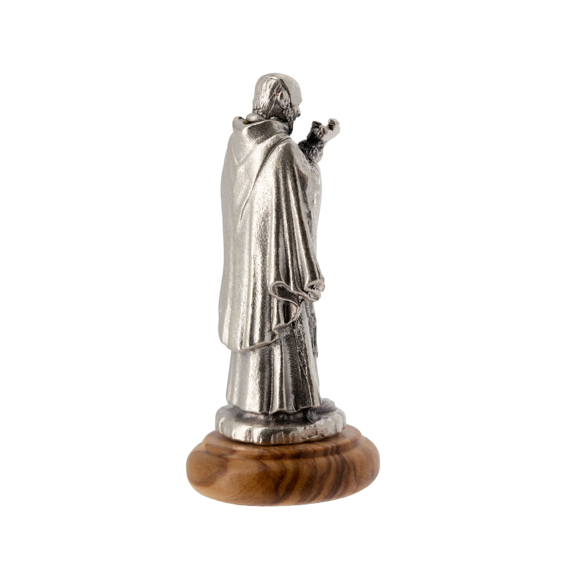Statua San Pio in metallo argentato e base in legno d'ulivo. Altezza 6,5 cm
