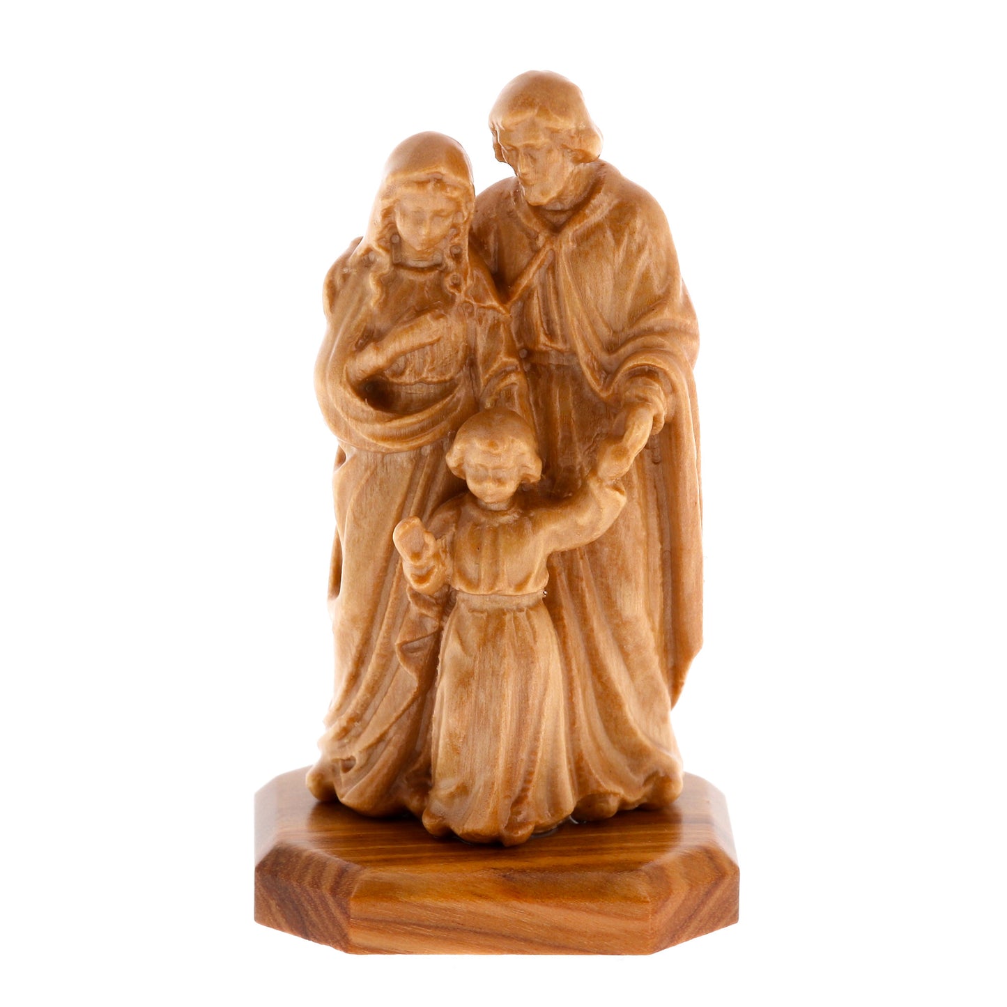 Statua Santa Famiglia, in legno d'olivo. Altezza 6,6 cm
