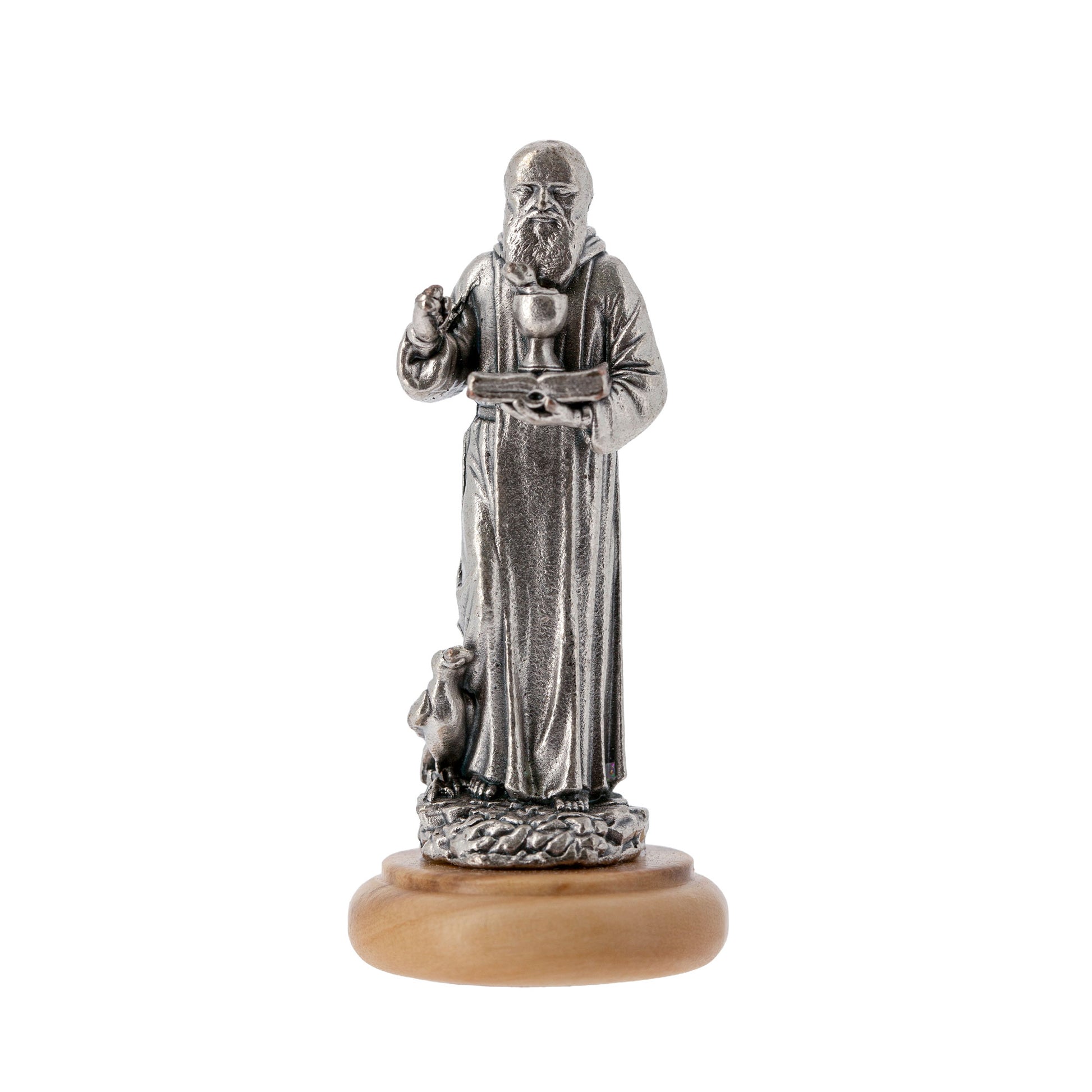 Statua San Benedetto in metallo argentato e base in legno d'ulivo. Altezza 6,5 cm
