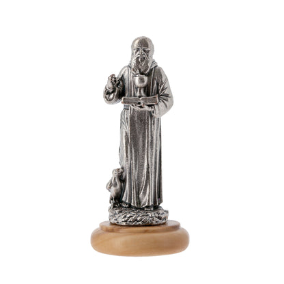 Statua San Benedetto in metallo argentato e base in legno d'ulivo. Altezza 6,5 cm
