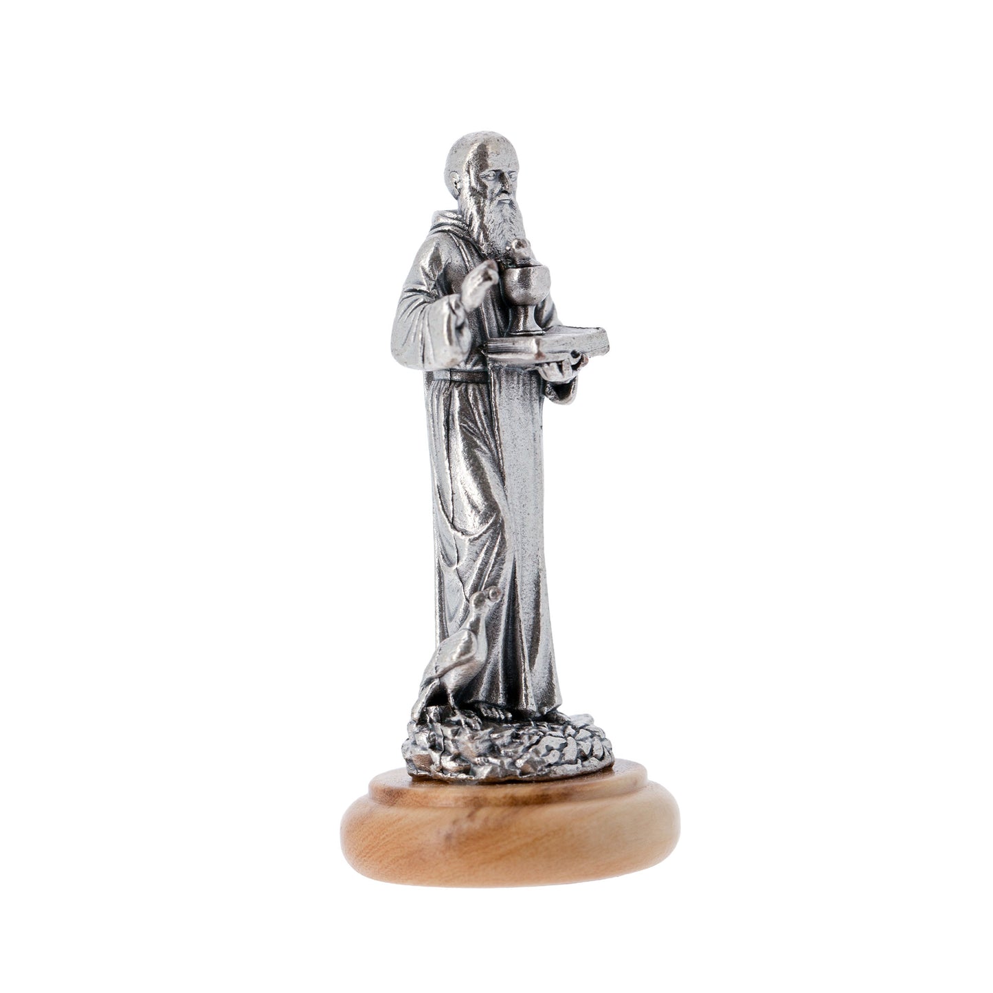 Statua San Benedetto in metallo argentato e base in legno d'ulivo. Altezza 6,5 cm
