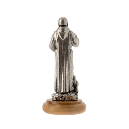 Statua San Benedetto in metallo argentato e base in legno d'ulivo. Altezza 6,5 cm
