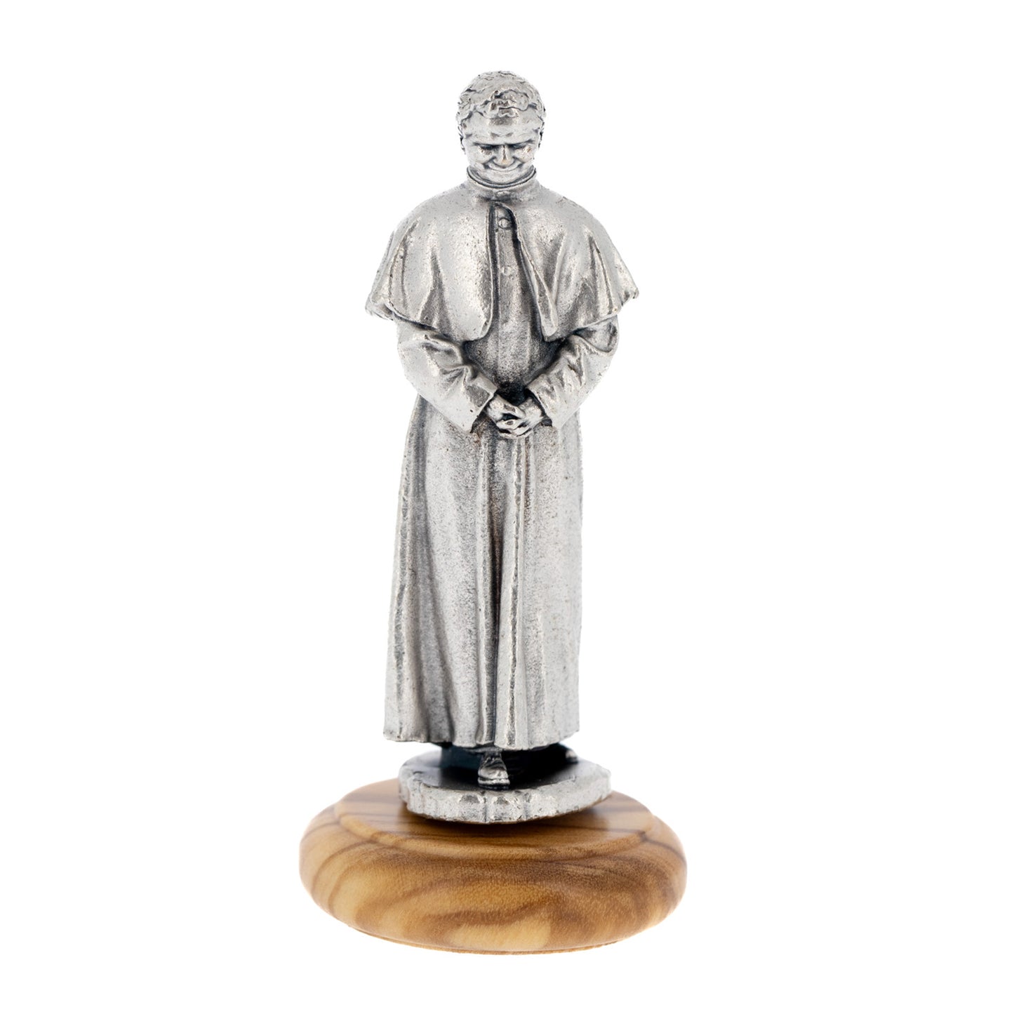 Statua San Giovanni Bosco in metallo argentato e base in legno. Altezza 6,5 cm
