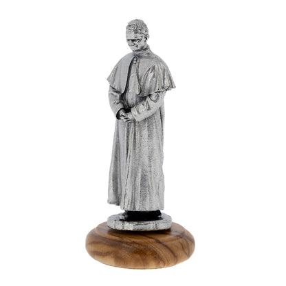 Statua San Giovanni Bosco in metallo argentato e base in legno. Altezza 6,5 cm
