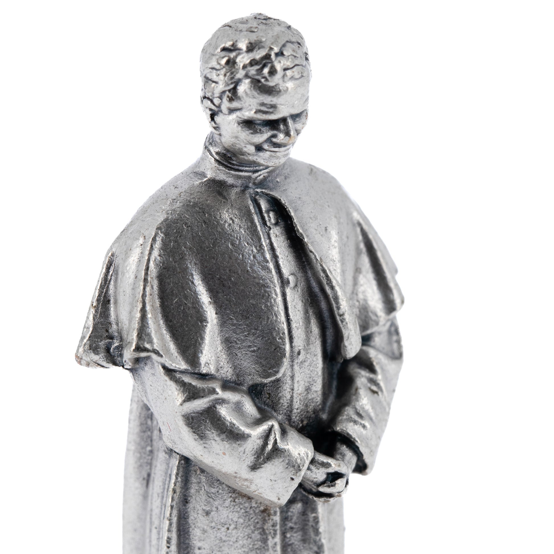 Statua San Giovanni Bosco in metallo argentato e base in legno. Altezza 6,5 cm
