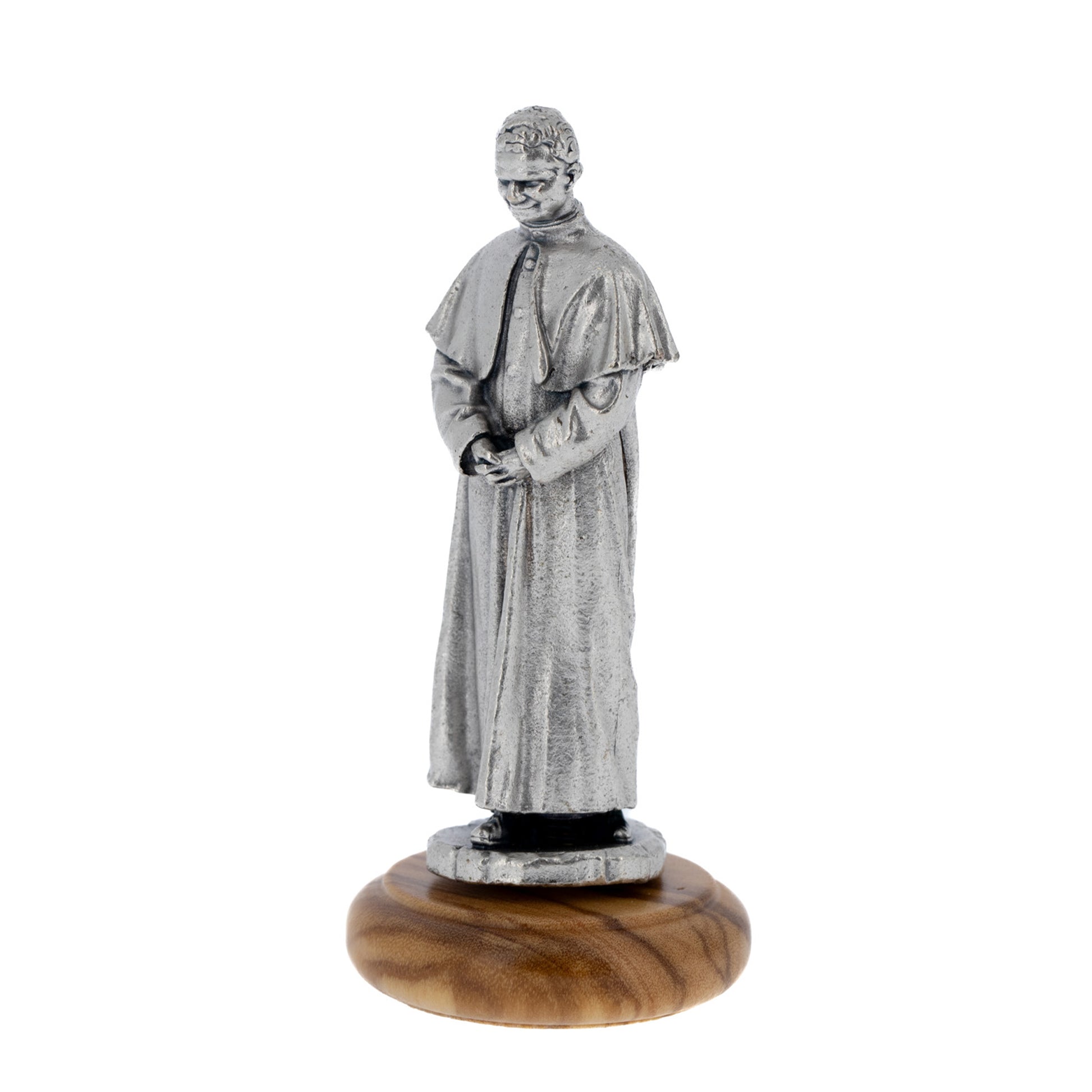 Statua San Giovanni Bosco in metallo argentato e base in legno. Altezza 6,5 cm
