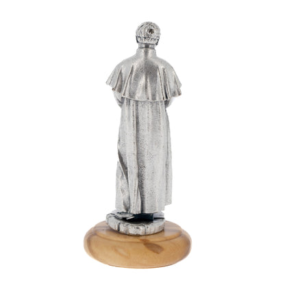 Statua San Giovanni Bosco in metallo argentato e base in legno. Altezza 6,5 cm
