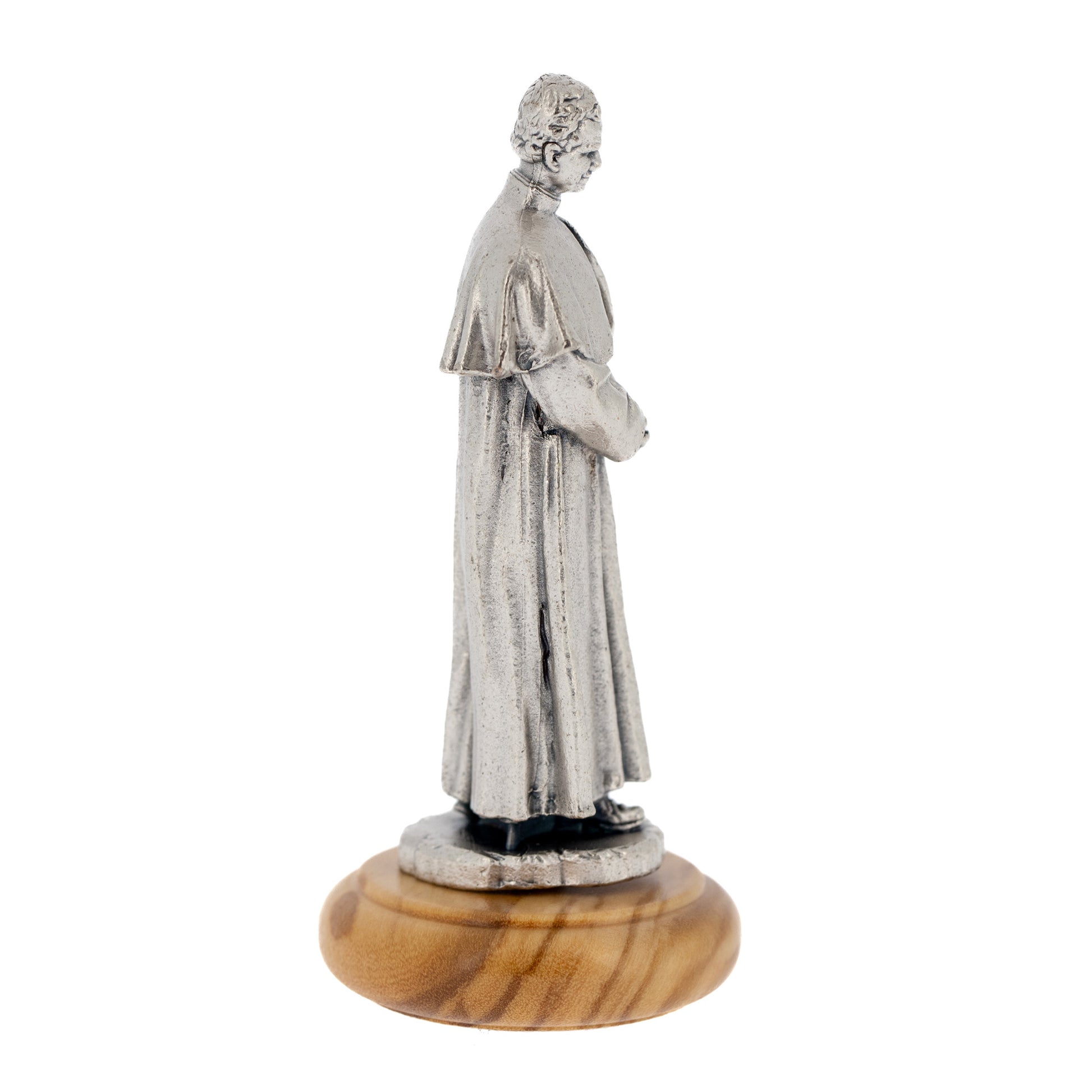 Statua San Giovanni Bosco in metallo argentato e base in legno. Altezza 6,5 cm
