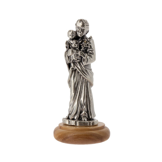 Statua San Giuseppe in metallo argentato e base in legno d'ulivo. Altezza 6,5 cm
