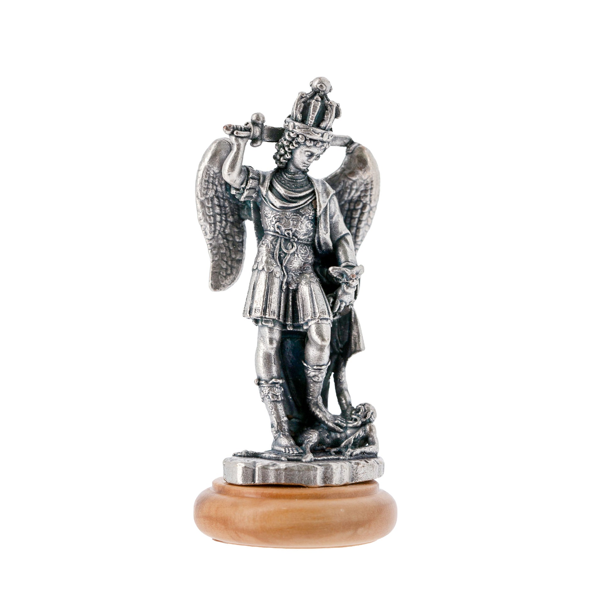 Statua San Michele Arcangelo in metallo argentato e base in legno d'ulivo. Altezza 6,5 cm
