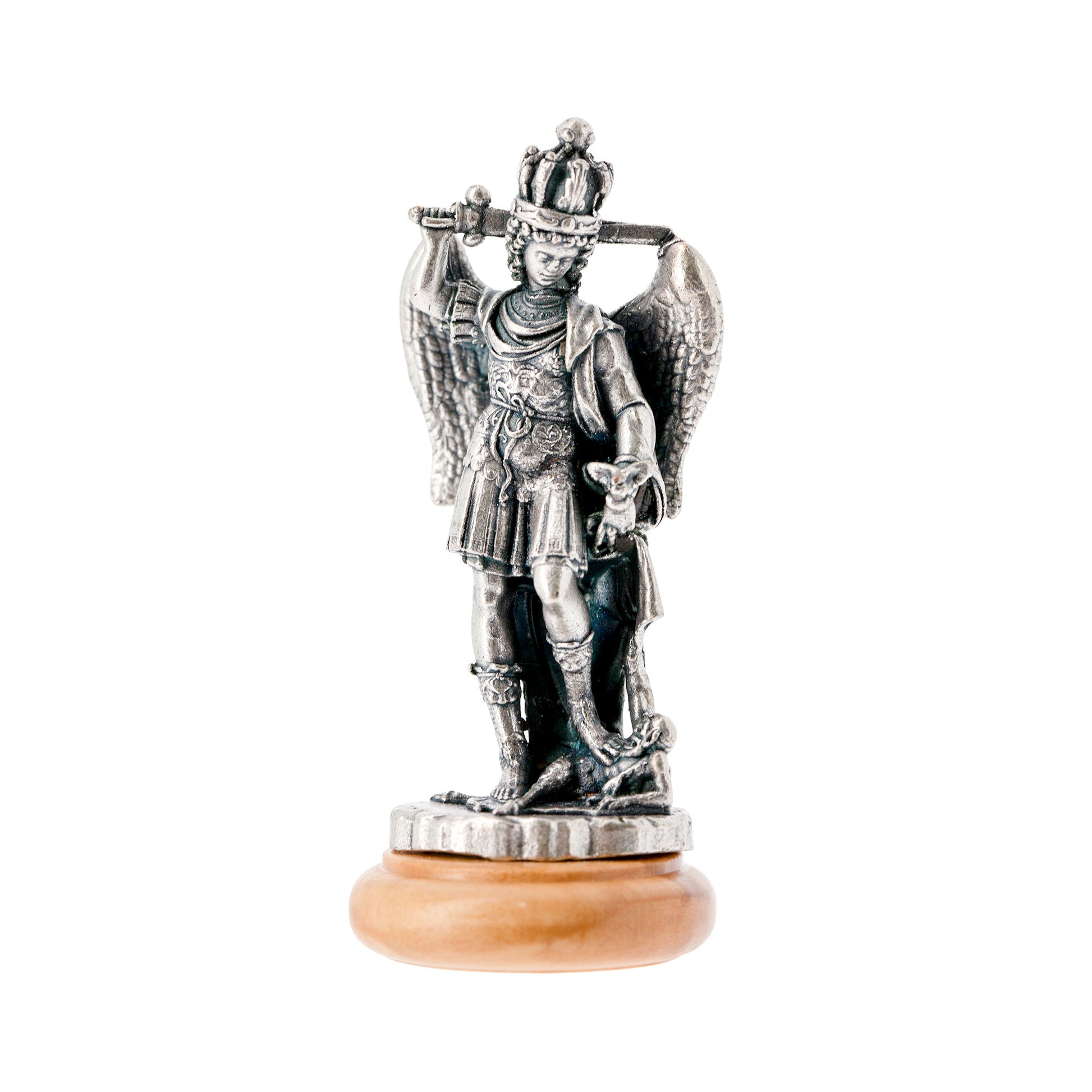 Statua San Michele Arcangelo in metallo argentato e base in legno d'ulivo. Altezza 6,5 cm
