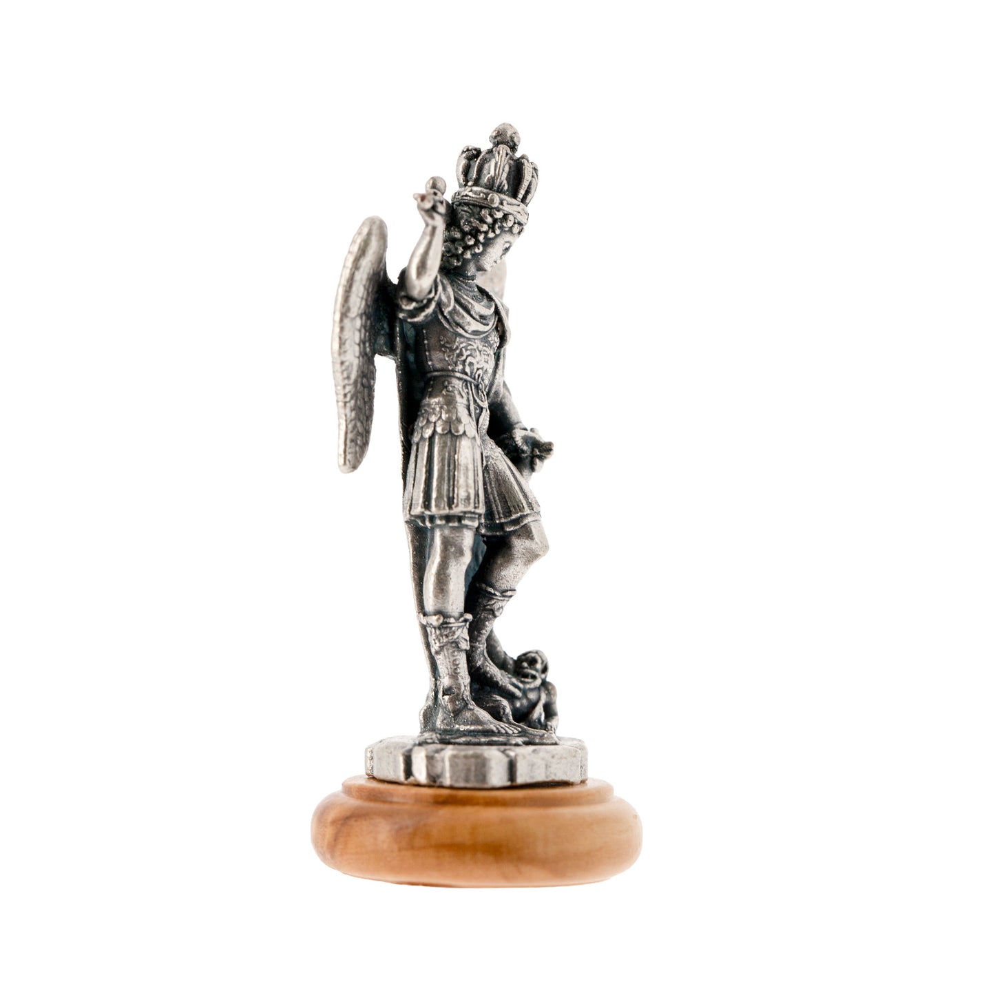 Statua San Michele Arcangelo in metallo argentato e base in legno d'ulivo. Altezza 6,5 cm
