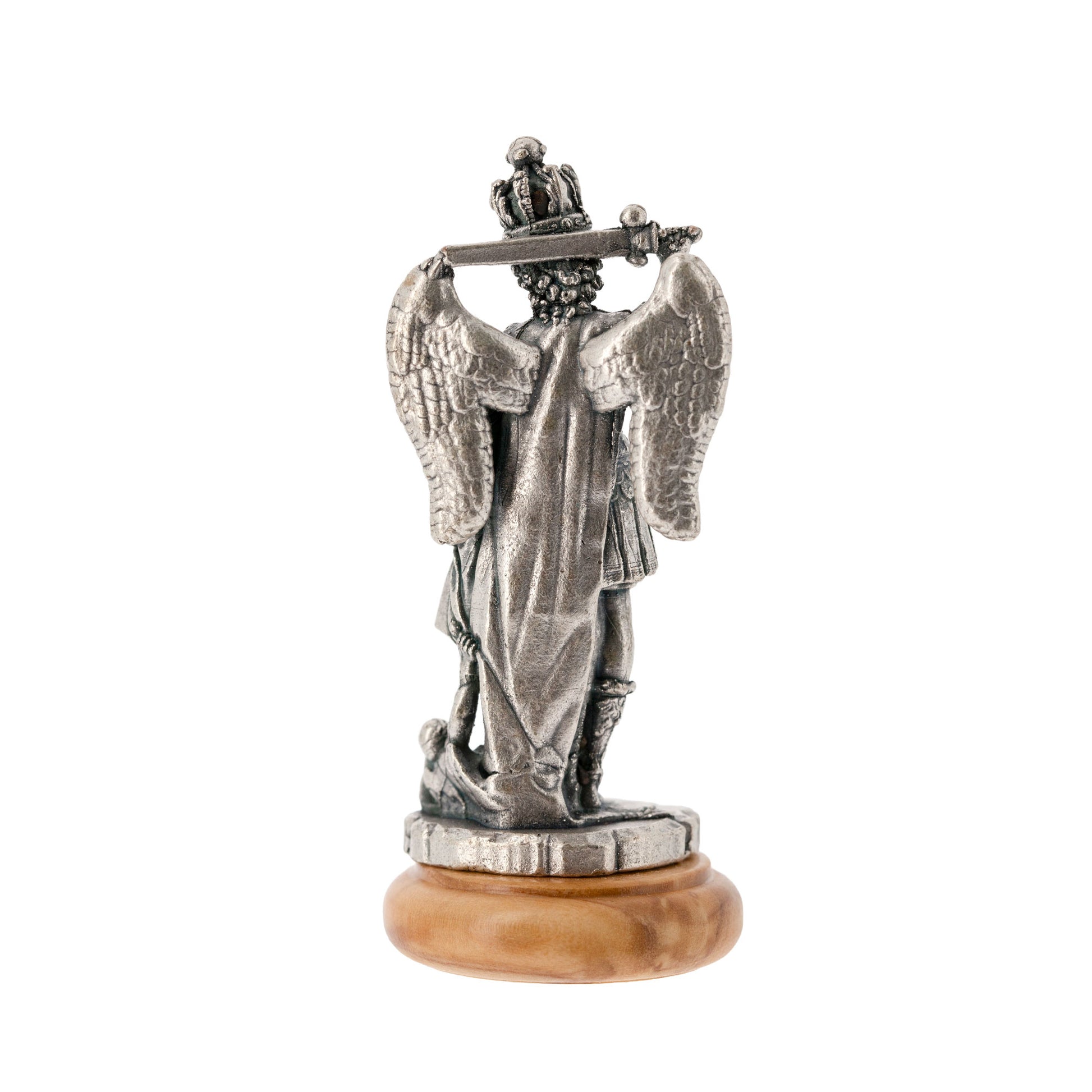 Statua San Michele Arcangelo in metallo argentato e base in legno d'ulivo. Altezza 6,5 cm

