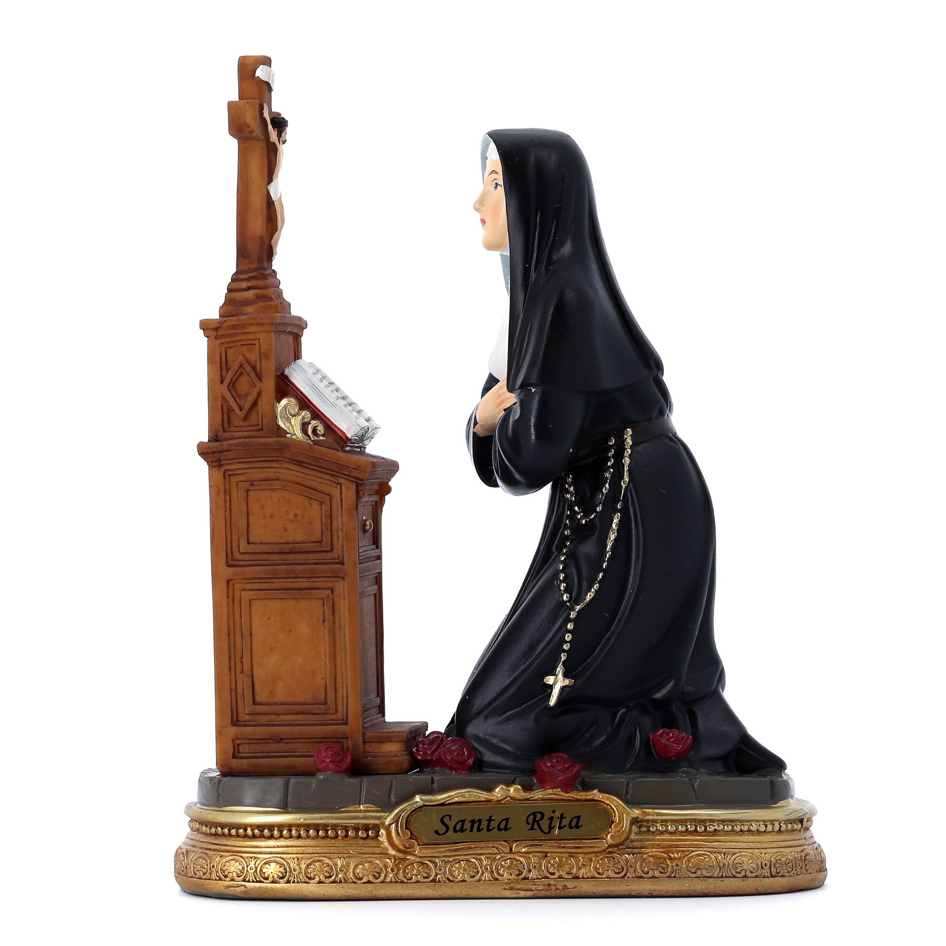 Statua Santa Rita inginocchiata in resina. Altezza 17 cm
