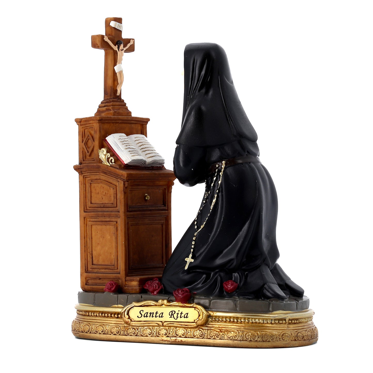 Statua Santa Rita inginocchiata in resina. Altezza 17 cm
