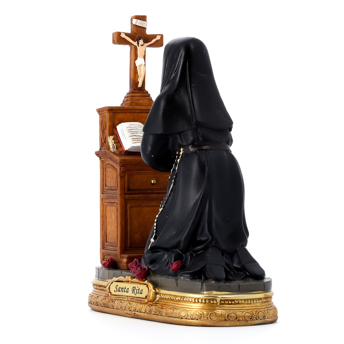 Statua Santa Rita inginocchiata in resina. Altezza 17 cm
