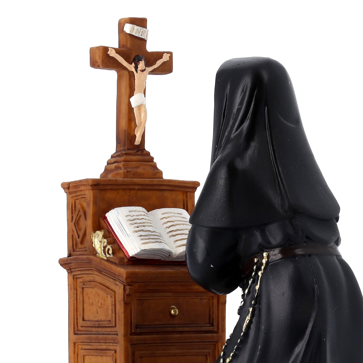 Statua Santa Rita inginocchiata in resina. Altezza 17 cm
