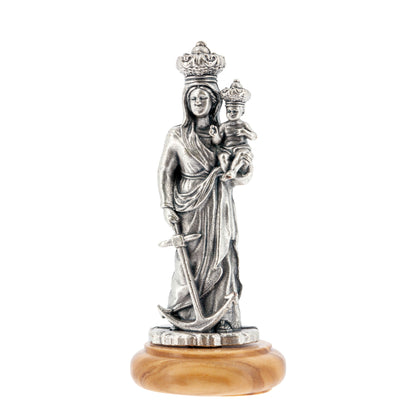 Statua Madonna della Speranza in metallo argentato e base in legno d'ulivo. Altezza 7 cm
