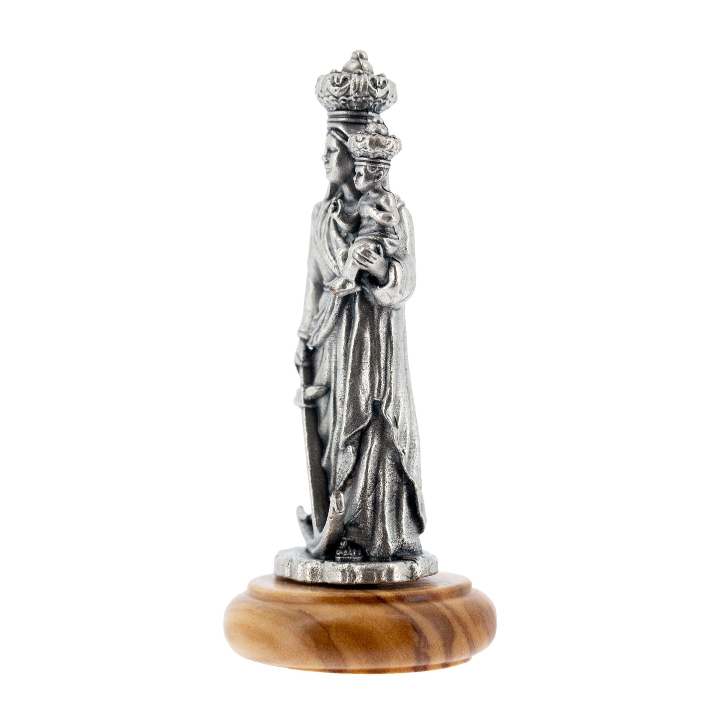 Statua Madonna della Speranza in metallo argentato e base in legno d'ulivo. Altezza 7 cm
