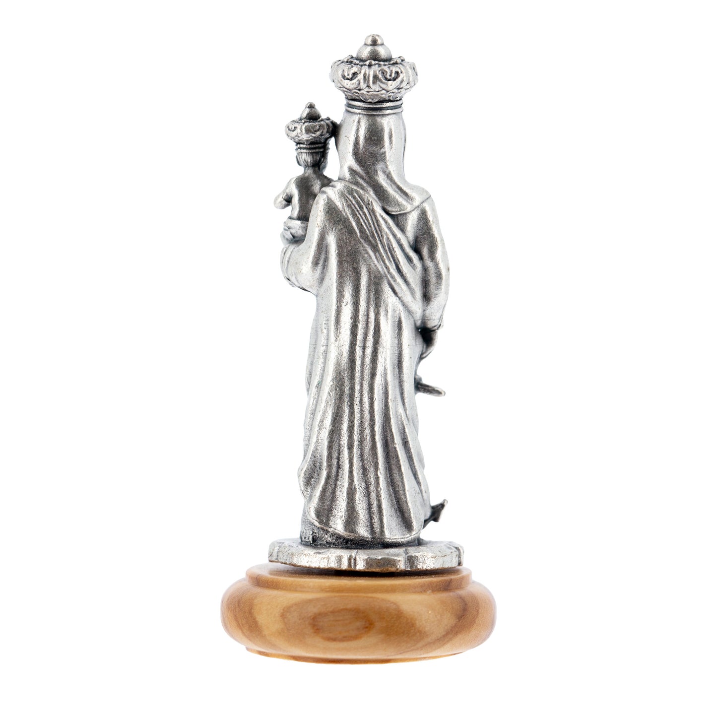 Statua Madonna della Speranza in metallo argentato e base in legno d'ulivo. Altezza 7 cm
