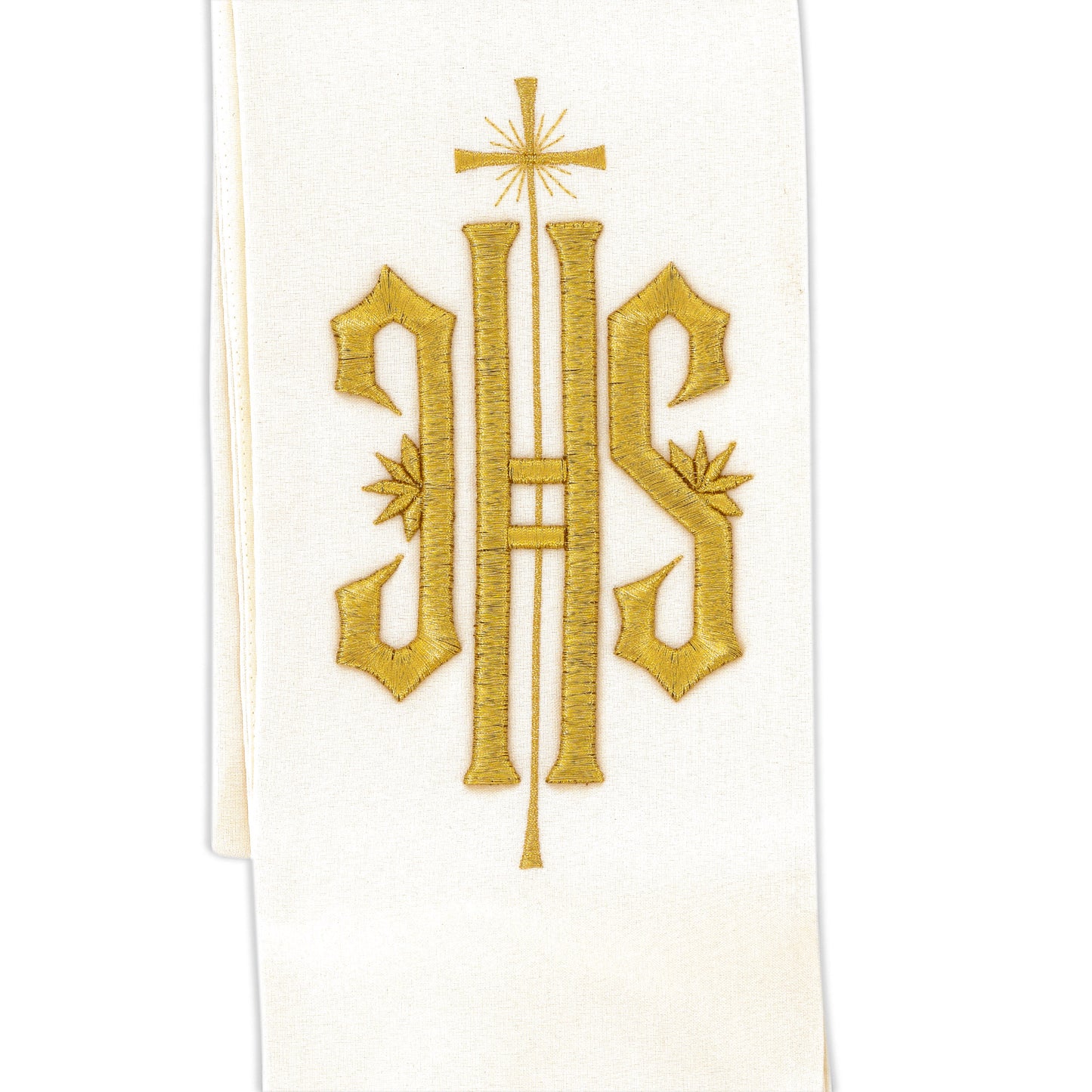 Stola sacerdotale con ricamo JHS dorato e motivo floreale