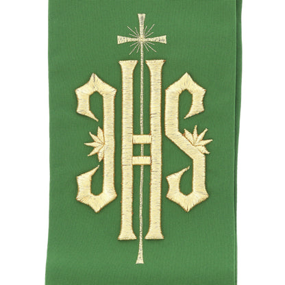 Stola sacerdotale con ricamo JHS dorato e motivo floreale