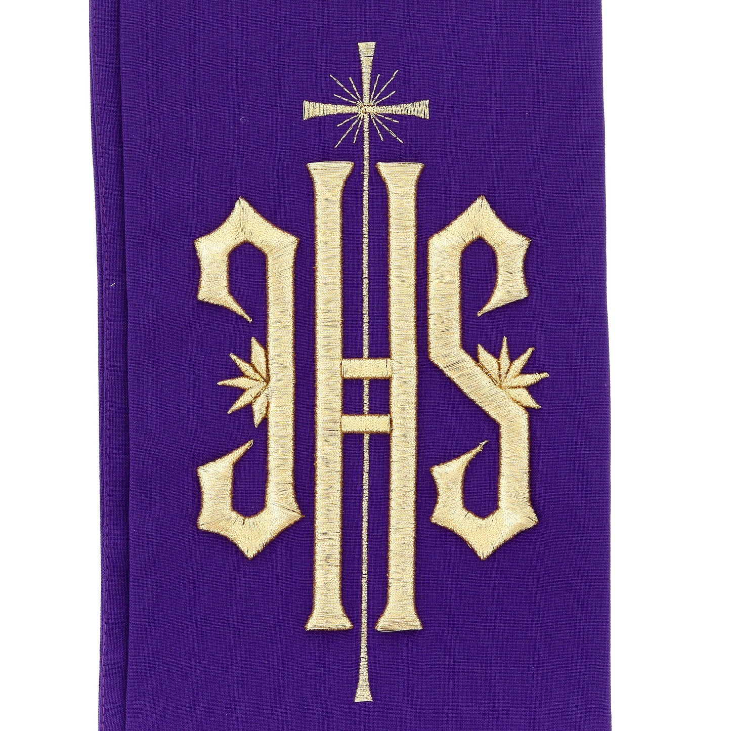 Stola sacerdotale con ricamo JHS dorato e motivo floreale